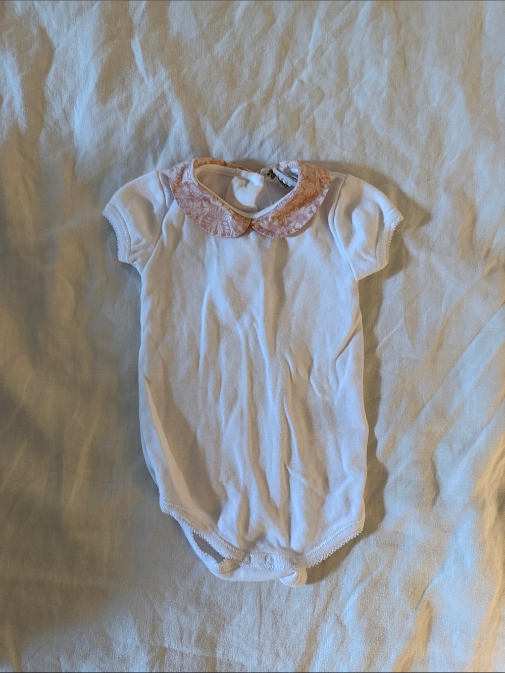 Bonpoint White Baby One-Piece with Pink Floral Collar